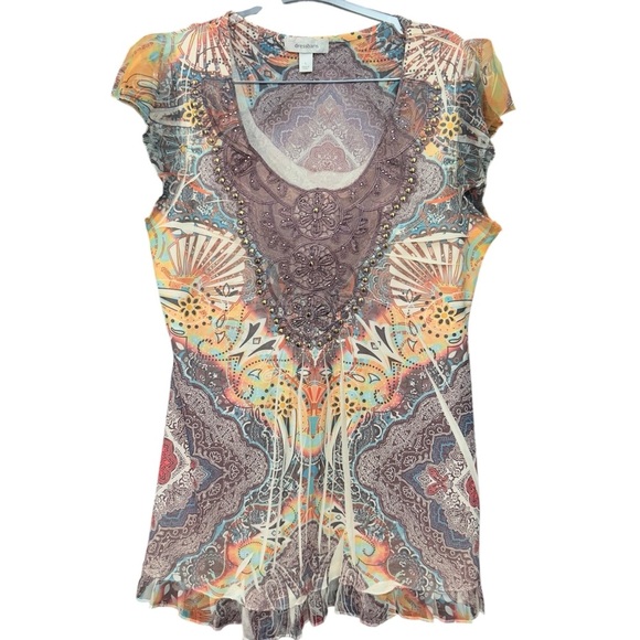 Tops - Dressbarn Boho Paisley Knit Top Multicolor Beaded Neckline Women’s L